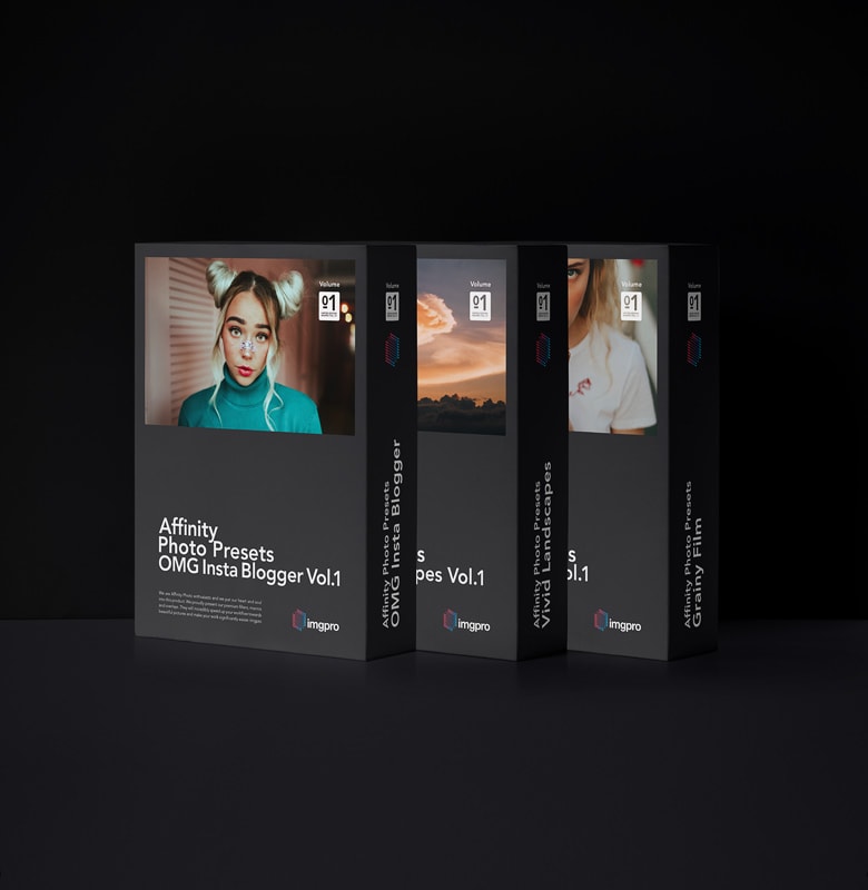Affinity Photo Presets Creator Bundle #2 Affinity Photo Presets product image of three software boxes.